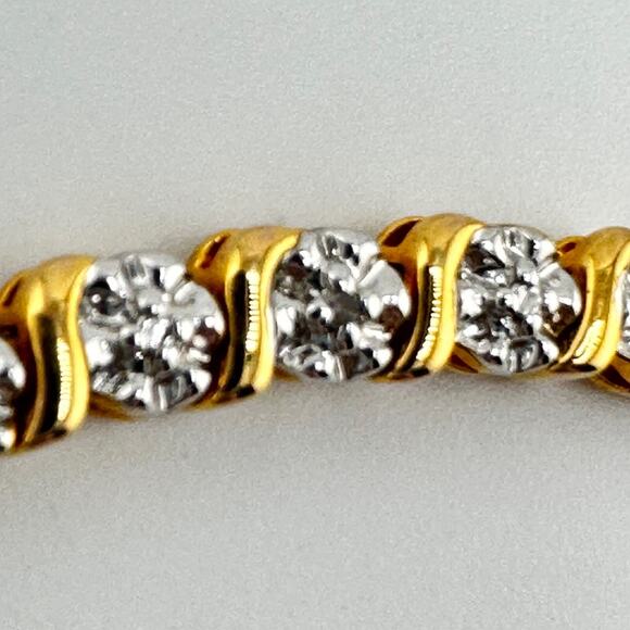 Real Diamond Chip Prime Art & Jewel Gold Plated Two Tone Tennis 7” Bracelet - Picture 7 of 9